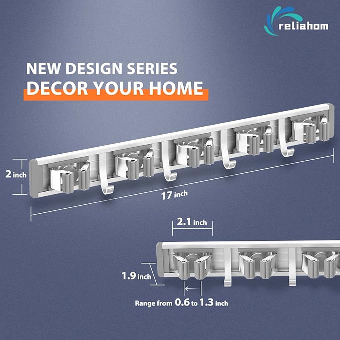 2 Pack Broom Holder Wall Mount Mop and Broom Hanger Wall Mounted Garage Storage Rack Kitchen Garden Tool Organizer (5 Racks with 4 Hooks, Silver)-NeatNest