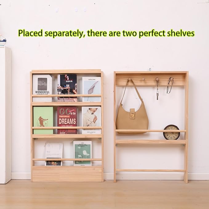 Wooden 5 Tiers Kids Bookshelf, Wall Mount Shelf with Hooks, Organizer for Toys and Books (Nature)