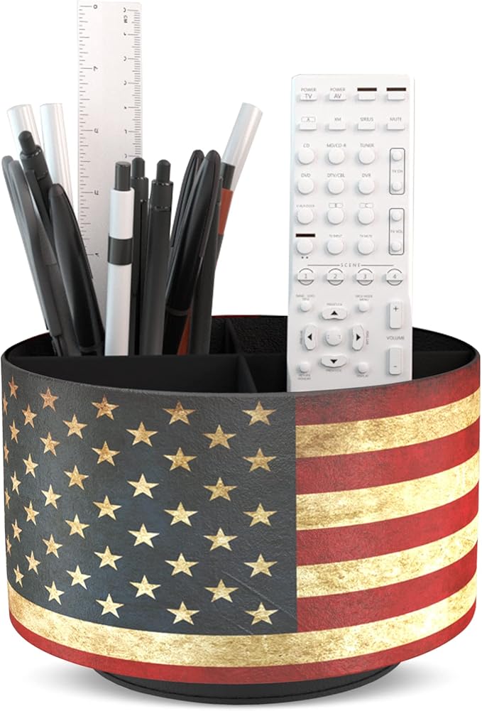 Hennaja Round Leather Art Supply Organizer,Remote Control Holder,360 Degree Rotating,Multi-Functional Pencil Holder,4 Compartments Desktop Stationary Organizer(1-American Flag)-NeatNest