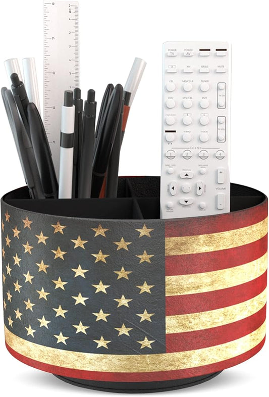 Hennaja Round Leather Art Supply Organizer,Remote Control Holder,360 Degree Rotating,Multi-Functional Pencil Holder,4 Compartments Desktop Stationary Organizer(1-American Flag)-NeatNest