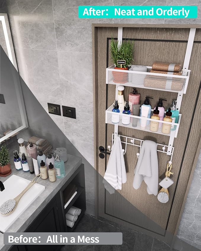 HapiRm Over The Door Organizer with Coat Hooks and 2 Baskets, Stainless Steel Rustproof Over The Door Hanger Hooks for Bathroom, Kitchen, Bedroom-White (for 1.76in Doors)