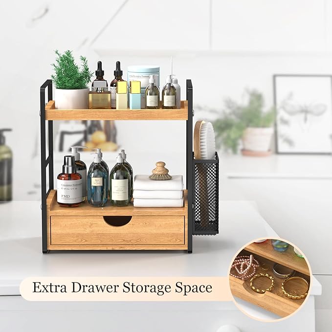 LEMIKKLE 2-Tier Bathroom Organizer with Drawers and Baskets, Multi-Purpose Makeup Organizer Countertop, Large Skincare Organizers, Exquisite Vanity Organizer,Wood-NeatNest