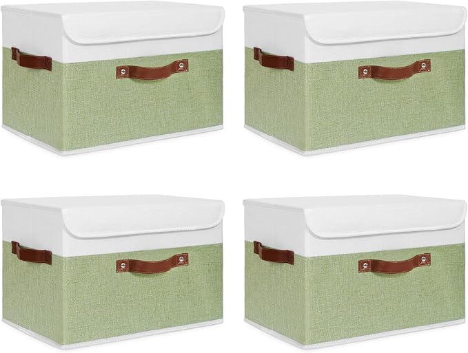ANMINY 4PCS Storage Boxes with Lid Washable Decorative Storage Bins Basket with PU Leather Handle Foldable Linen Fabric Storage Cubes Containers for Home Closet Organizer - Green White, Large Size-NeatNest