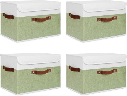 ANMINY 4PCS Storage Boxes with Lid Washable Decorative Storage Bins Basket with PU Leather Handle Foldable Linen Fabric Storage Cubes Containers for Home Closet Organizer - Green White, Large Size-NeatNest