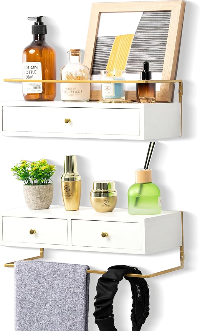 Floating Shelves With Drawers Set of 2, Wall Mounted Bathroom Storage, Rustic Wood Shelves for Bedroom, Living Room, Kitchen, Home Decor, Plants, Books (White)-NeatNest