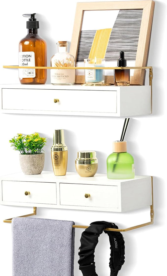 Floating Shelves With Drawers Set of 2, Wall Mounted Bathroom Storage, Rustic Wood Shelves for Bedroom, Living Room, Kitchen, Home Decor, Plants, Books (White)-NeatNest