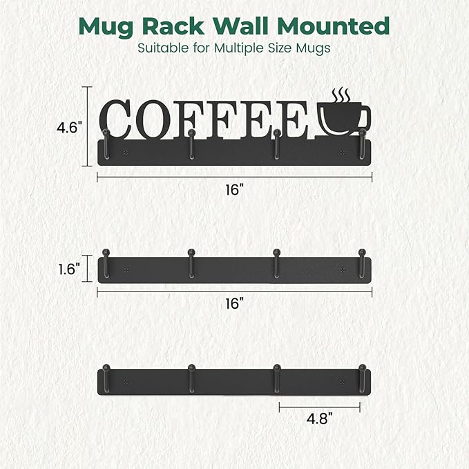EsLuker.ly Mug Holder Rack Coffee Cup Hanger Wall Mount, Metal Wall Cup Shelf Organizer Stand with 12 Hooks, Fits Most Mugs Display for Home Kitchen, Space-Saving Coffee Bar Enhancer, Set of 3, Black-NeatNest
