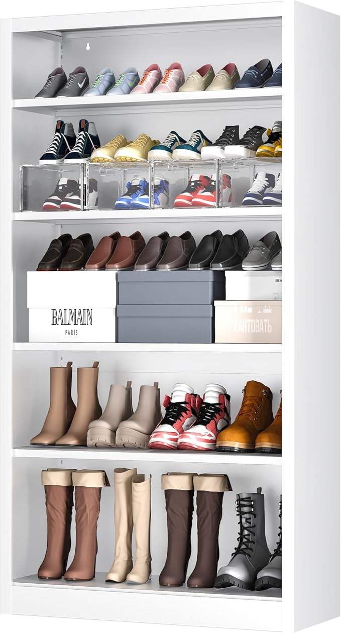 Shoe Cabinet,5 Tiers Heavy Duty Metal Freestanding Shoe Rack,55" Tall Shoe Cabinet with Open Storage for Entryway (White, 5 Tier-55 H*27.6" W*11.8" D)-NeatNest