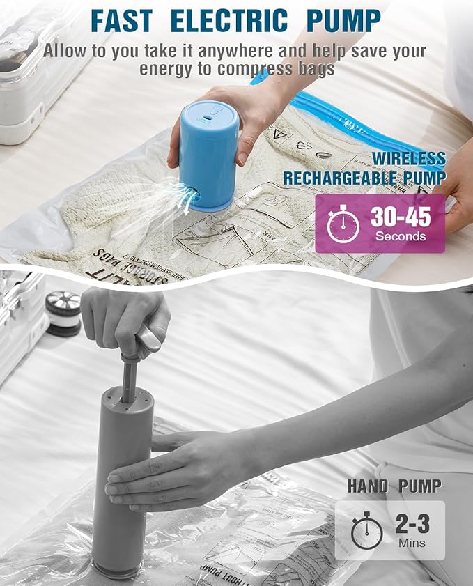 Vacuum Storage Bags for Travel, 24 Pack (6L+6M+6S+6XS) Vacuum Seal Bags with Wireless Rechargeable Electric Pump, Travel Essentials Space Saving Bag for Clothes, Luggage, Carry-on Suitcase, Backpack-NeatNest