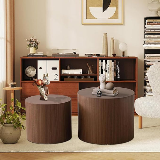 Stylish Nesting Coffee Table Set of 2, Elegant Chic Round Wooden Center Table - Smooth Finish & Easy to Clean, No Assemble Needed (G)
