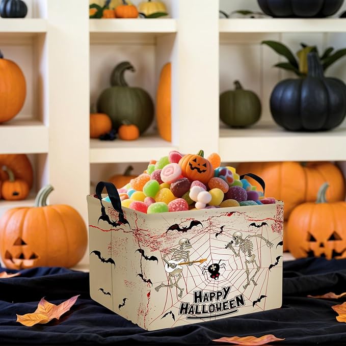 Halloween Basket Gift Terror Ghost Parties Decor Kid Trick or Treat Basket for Boys and Girls Rectangular Storage Bin Box (Skeleton Bat)-NeatNest
