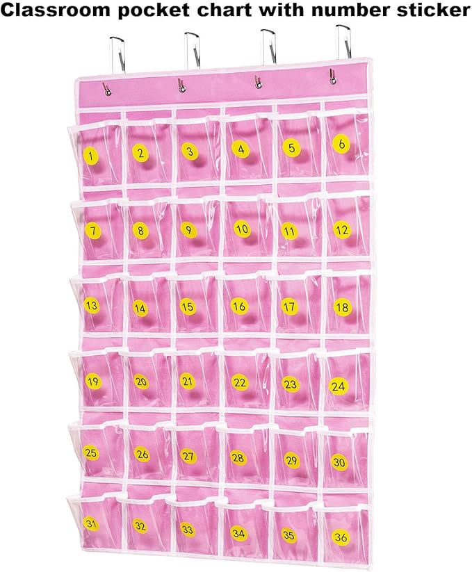 36 Clear Pockets Classroom Pocket Chart for Cell Phones, Pocket Chart Organizer for Calculator Holder with 36 Number Sticker Classroom Hanging Cell Phones Organizer (Pink)-NeatNest