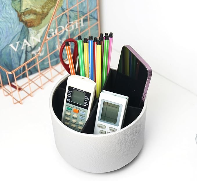 Hennaja Round Leather Art Supply Organizer,Remote Control Holder,360 Degree Spinning,Multi-Functional Pencil Holder,4 Compartments Desktop Stationary Organizer(1-Lichee Silver)-NeatNest