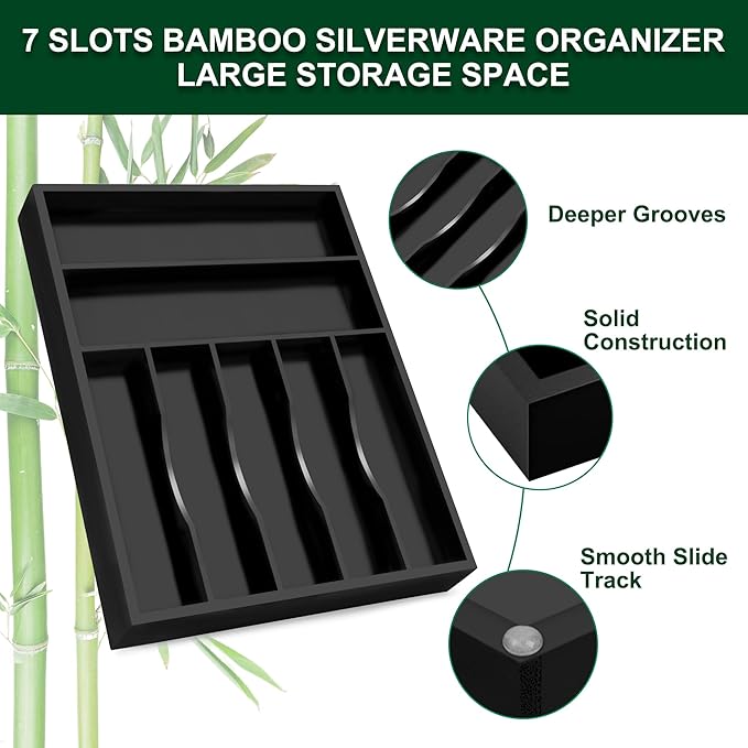 Bellsal Black Utensil Organizer 12.5 Inch Silverware Tray for Drawer Utensil Holder Cutlery Organizer Kitchen Drawer Organizer 7 Compartment Small Narrow Bamboo-NeatNest