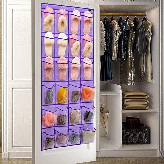 Modern Over the Door Shoe Rack Organizer with 24 Clear PVC Pockets, Purple-NeatNest