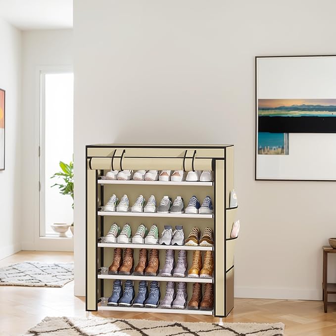 Laiensia 5-Tier Vertical Shoe Rack Organizer, Space Saving Shoe Storage Organizer, Non-Woven Cover Shoe Shelf Holds 20-25Pairs for Bedroom, Hallway, Closet Entryway, Beige-NeatNest