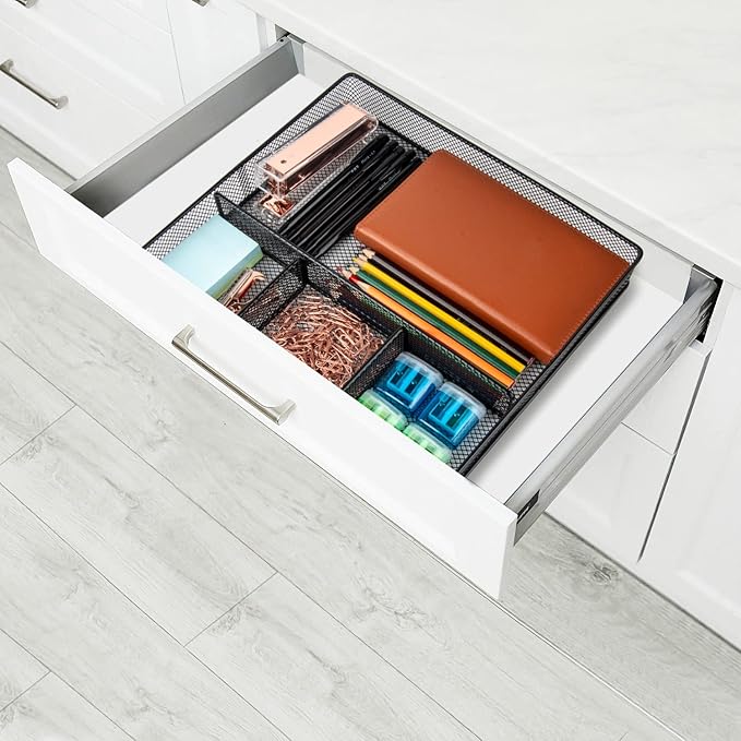 Desk Drawer Organizer Tray, Metal Mesh Drawer Organizers Office, 4 Grid with Adjustable Compartment, Desk Organizer Tray for Home Office 12x10.6x1.9 inch Black, 2 Pack-NeatNest