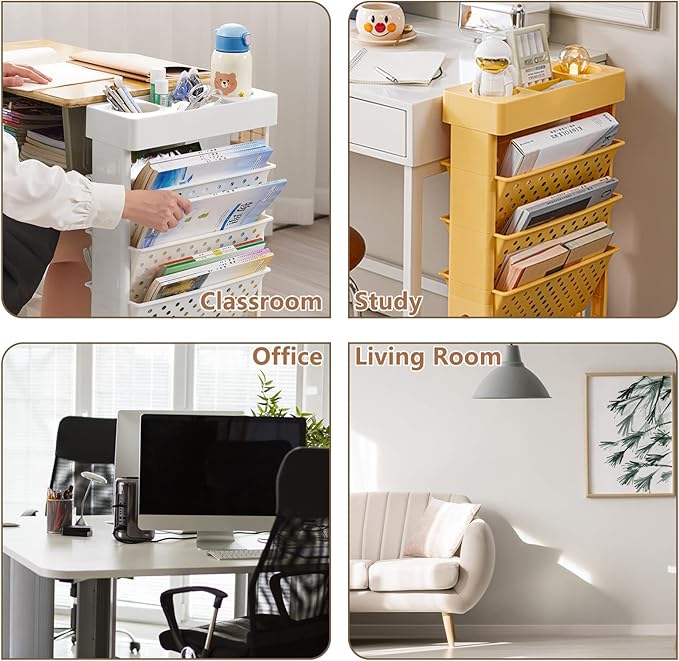 CINPIUK Yellow Rolling Office Paper Organizer, Mobile Book Cart Document Folder File Storage with Pen Holder, Slim Rolling Storage Cart Movable Bookshelf for Office, Dorm, Classroom, Nursery-NeatNest