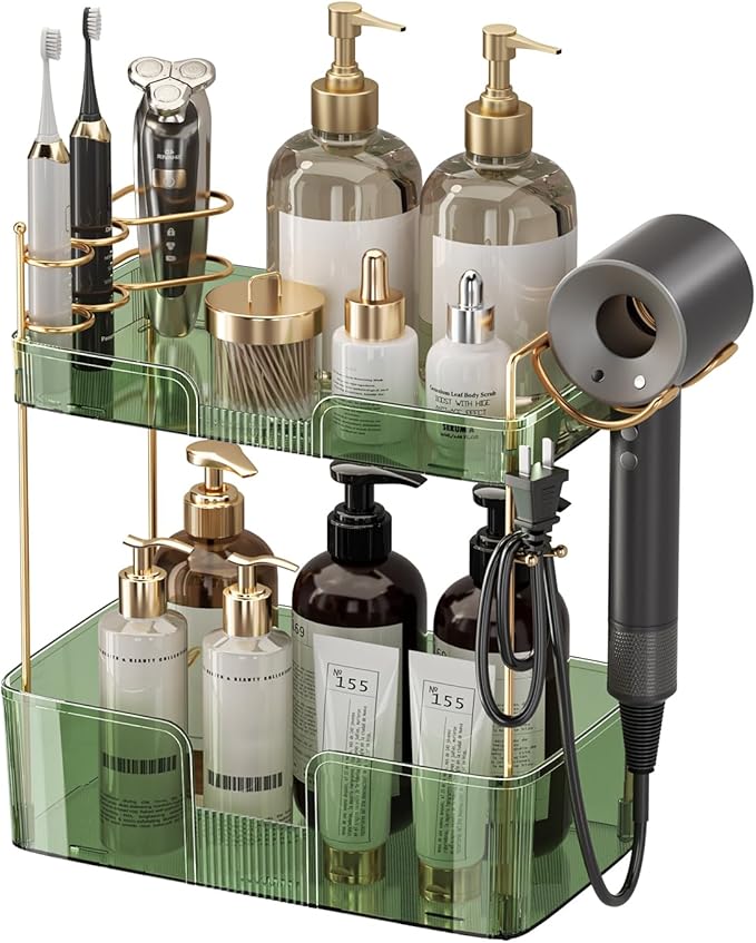YCIA&DONE Luxury Bathroom Counter Organizer, Large Makeup Organizer Countertop, Shelf Organizer, Vanity Tray, Easily Assemble for Bathroom Organizers and Storage, Undersink, Cabinet, 2 Tiers Green-NeatNest