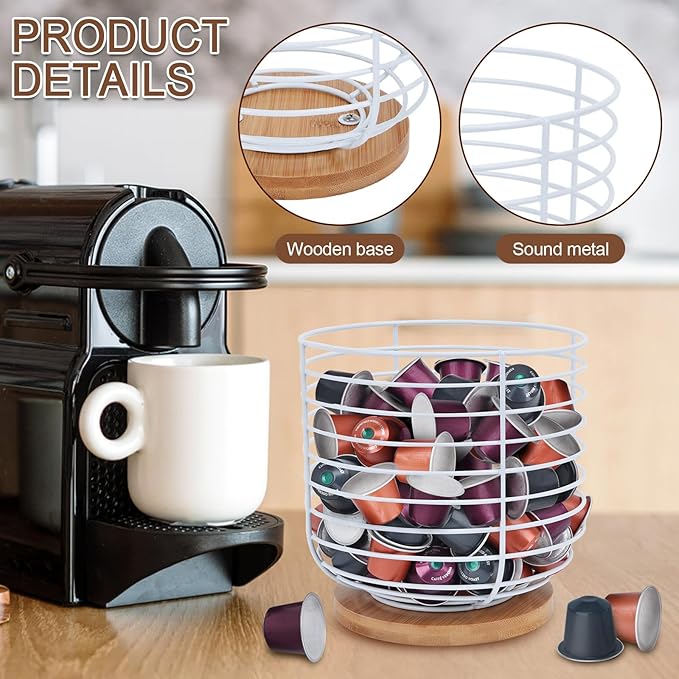 2pcs K Cup Holder Organizer - Coffee Pods Storage Organizer - Coffee Bar Accessories - Large Capacity Black Wire Kup Storage with Bamboo Base (White)-NeatNest