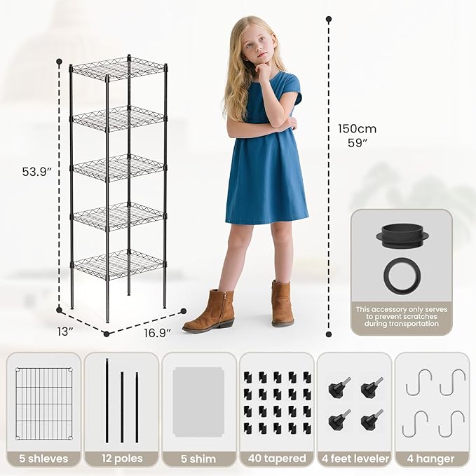 5 Tier Shelves, 16.9"x 13"x 53.9" Utility Rack Shelf, Metal Storage Shelving, Adjustable Wire Shelving Units, Heavy Duty Storage Organizer for Garage Laundry Office, Black