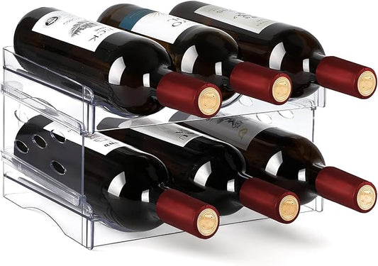EZ COZY Wine Rack, 2 Tier Water Bottle Organizer for Cabinet, Stackable Clear Wine Holder for Pantry, Refrigerator, Countertop Organization (6 Bottles)