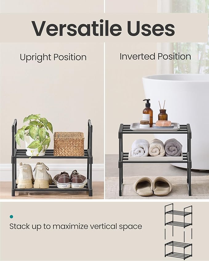 SONGMICS Shoe Rack, 2-Tier Shoe Organizer, Metal Storage Shelf, Upright or Upside Down, for 3-6 Pairs, Stackable, for Entryway, 11.8 x 16.7 x 14.8 Inches, Black ULSA002B01-NeatNest