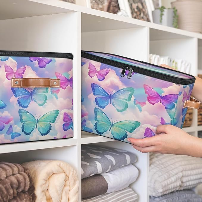 Colorful Butterfly Storage Bins with Zipper Lid, Watercolor Animals Lidded Storage Baskets Boxes Foldable Organizer with Leather Handles for Clothes Closet Shelf Toys-NeatNest
