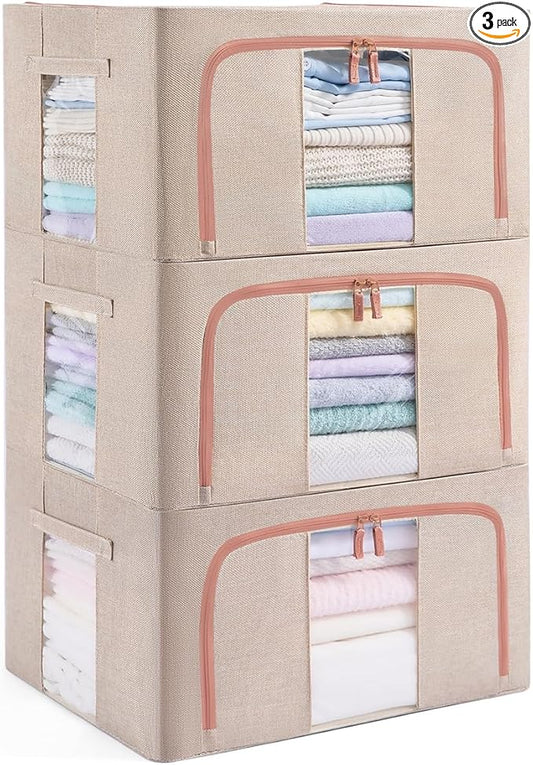 3 Pack 24L Stackable Clothes Storage Bins with Metal Frame Handles & Zipper, Collapsible Closet Organizer Box with Lid for Bedding Blankets Towel (Beige)-NeatNest
