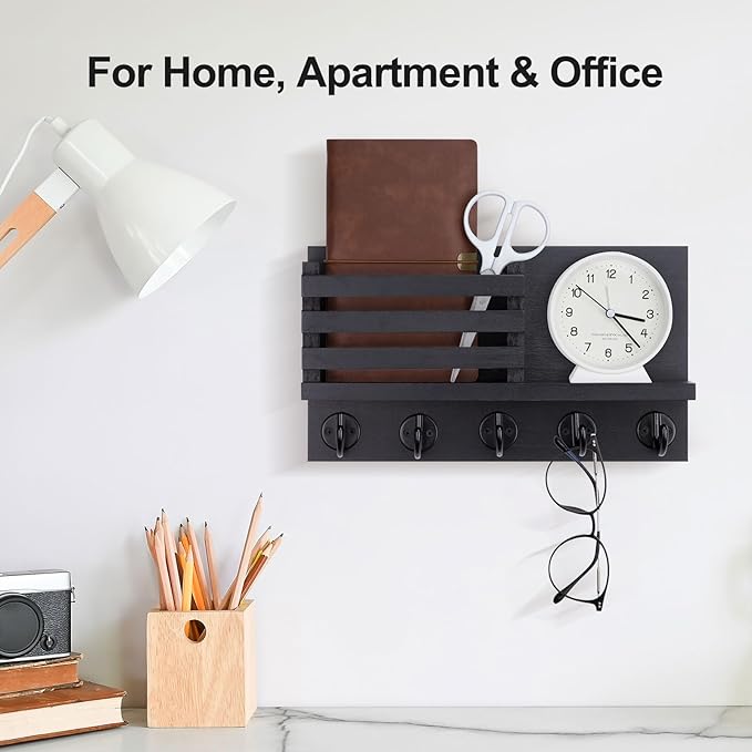 Key Holder for Wall – Decorative Wooden Mail Holder and Key Shelf with Mounting Hardware, Installation Guide – Paulownia Wood with 5 Metal Key Hooks (11.8” x 6.7” x 2.8”)