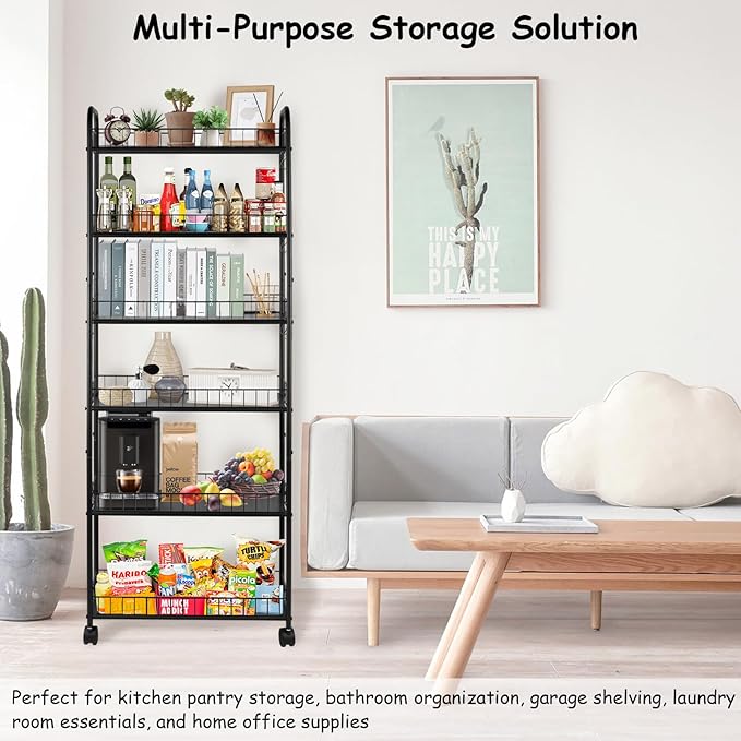 6 Tier Slim Storage Cart with Wheels Metal Rolling Organizer Utility Cart Narrow Mobile Shelving Unit Tiered Storage Shelf on Wheels for Kitchen Bathroom (Black, 6")