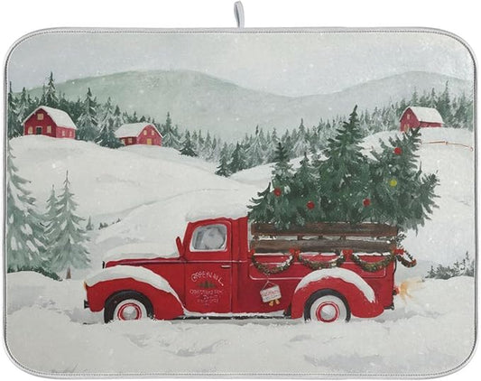 Happy Christmas Tree Dish Drying Mat Microfiber Drying Matt for Dishes Sink Kitchen Counter 18 x 24 Inches