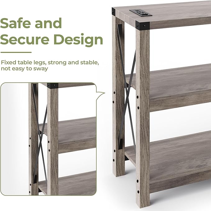 47.2" Entryway Table with Outlets and USB Ports, Console Table with 3-Tier Open Storage Shelves, Wooden Sofa Table with Metal X-Shaped Design for Living Room/Couch/Hallway/Foyer (Wash Gray)-NeatNest