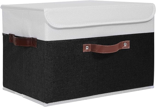 ANMINY Storage Boxes with Lids Washable Decorative Storage Bins Basket with PU Leather Handle Foldable Linen Fabric Storage Cubes Containers for Home Closet Organizer - Black White, Large Size-NeatNest
