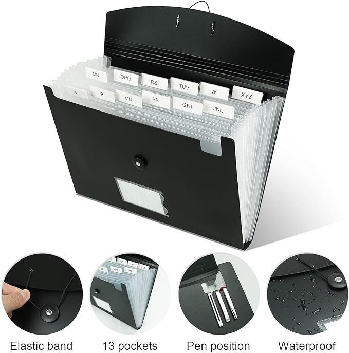 Accordion File Organizer, 13 Pocket Expanding File Folder Organizer for Letter Size/A4 Documents, Expandable Portable Monthly Bill/Receipt Organizer for Home/Office/School (Black)