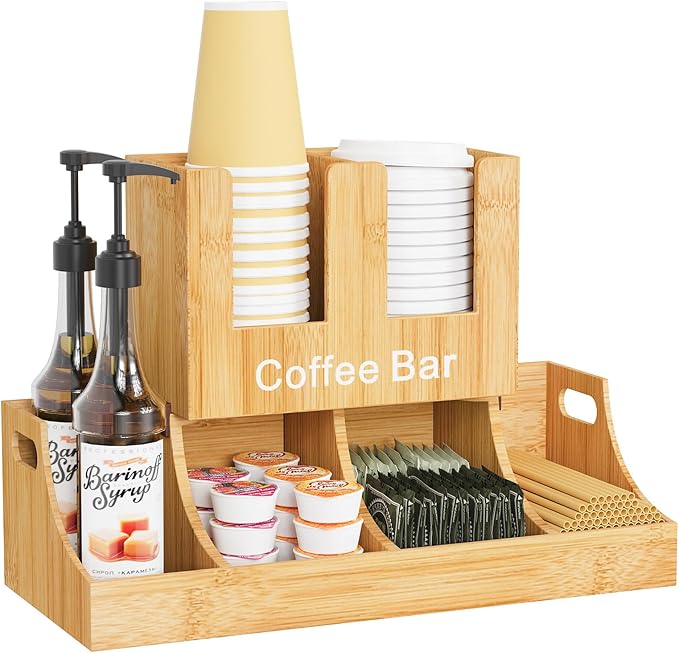 Coffee Station Organizer, Bamboo Coffee Bar Organizer for Countertop, Condiment and Cup Storage Organizer, Bar Accessories for Kitchen, Office, Home, Brown-NeatNest