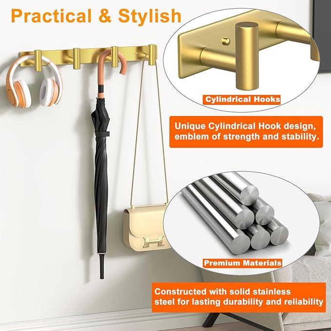 Wall Mounted Coat Rack-4 Hooks, Heavy Duty Stainless Steel Hook Rail for Towel Coat Hat Purse Bag Jacket, Towel Hooks for Entryway Bathroom Kitchen (Gold 4 Hooks - 1 Pack)-NeatNest