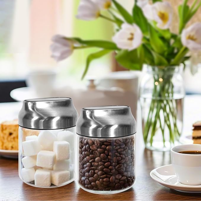Aelga Small Glass Jar with Lid, Coffee Container Canister Food Storage Jars for Coffee Beans Spice Sugar Tea Bag, Stackable Decorative Container, One-Handed Operation, 17 OZ