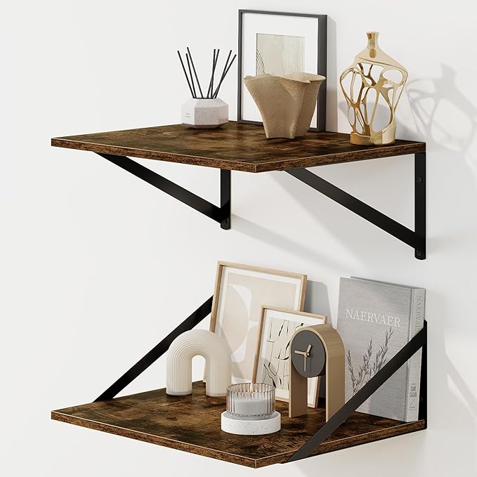 Fun Memories Floating Shelves for Wall, 12 Inch Deep Floating Shelves Set of 2, 16W x 12D Large Wall Shelf with Sturdy Metal Brackets for Living Room, Bathroom, Bedroom and Kitchen, Rustic Brown-NeatNest