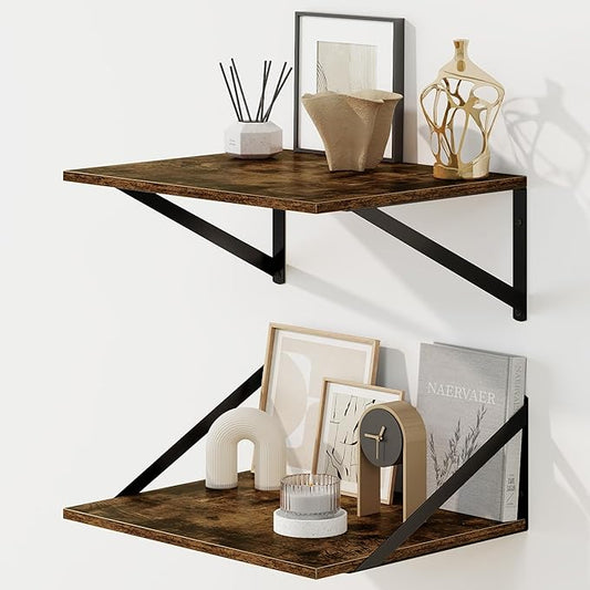 Fun Memories Floating Shelves for Wall, 12 Inch Deep Floating Shelves Set of 2, 16W x 12D Large Wall Shelf with Sturdy Metal Brackets for Living Room, Bathroom, Bedroom and Kitchen, Rustic Brown-NeatNest