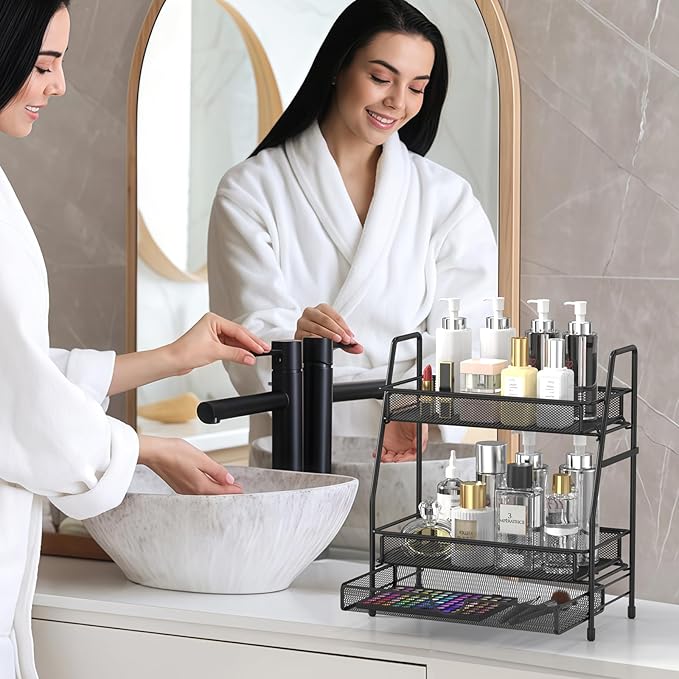 2-Tier Bathroom Organizers and Storage with Drawer, Bathroom and Makeup Organizer Countertop, Easy to Install, Ideal for Bathroom Storage, Vanity, Large Skincare, Perfume, Present, and More,Black
