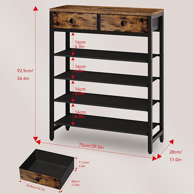 IBUYKE 5 Tier Shoe Rack, Metal Shoe Storage Organizer with 2 Drawers, Shoe Storage Rack for 12-16 Pairs of Shoes, Modern Shoe Stand with Fabric Shelf for Entryway Closet Bedroom, Rustic Brown TXJ040H-NeatNest