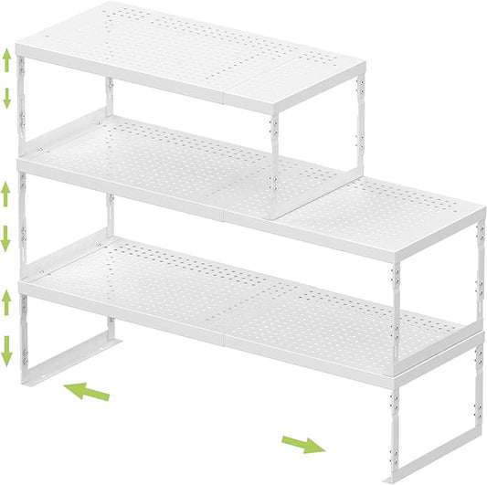 Adjustable Stackable Metal Storage Shelf Organizer - Expandable Wire Rack with Perforations for Kitchen, Pantry, Bathroom, Cabinet & Office-Compact, Durable & Sturdy (3PACKS/Medium/White)