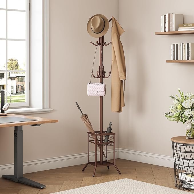 ELYKEN Coat Rack Freestanding, Metal Coat Rack Stand with Umbrella Holder, Modern Coat Tree with 12 Hooks, Floor Standing Corner Hall Tree for Entryway Living Room Bedroom Office, Brown-NeatNest