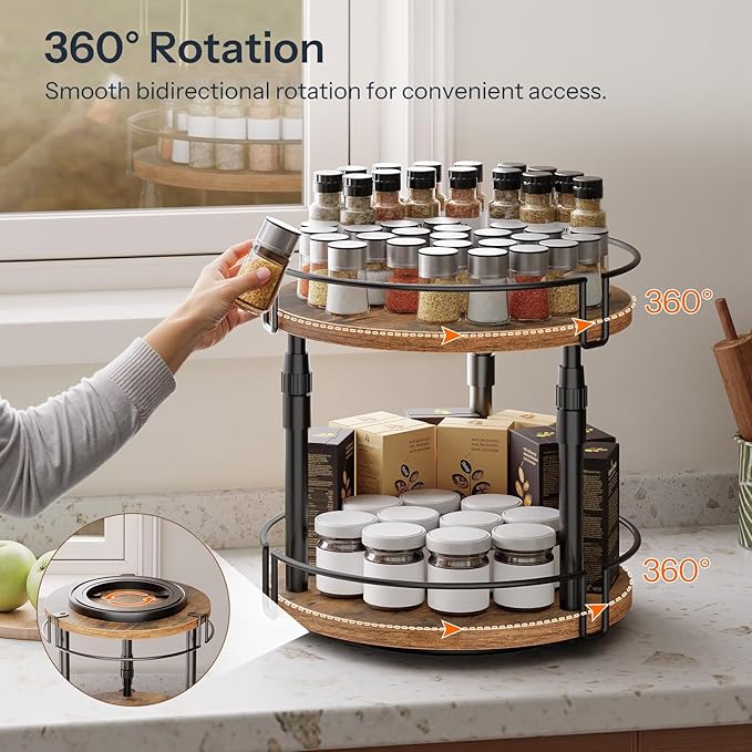 HOOBRO Lazy Susan Organizer Spice Rack, 2-Tier Height Adjustable Rotating Lazy Turntable Spice Organizer, for Kitchen Countertop and Cabinet, Rustic Brown BF05TL01-NeatNest