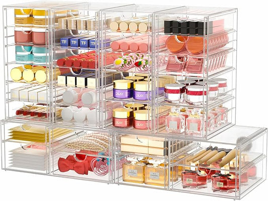 Makeup Organizer Storage With 30 Drawers, 6 Pack Desktop Office Supplies, Desk Organizers, Clear Desk Accessories, Dustproof Drawer Organizer and Storage for Make Up, Jewelry, Pen, Desktop Stationary