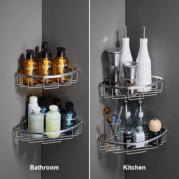 Corner Shower Caddy Organizer, SUS304 Stainless Steel Heavy Duty Rust-Proof Shelf Shampoo Holder, Wall Mounted Storage Rack for Bathroom Kitchen, 2 Packs Brushed Nickel