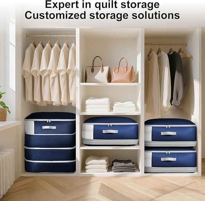 Comforter Storage Bag - Large Capacity Blanket Storage Bags 4-Layer Ultra Space Saving Self Compression Organizer, Washable Compression Bags for Storage Comforter Blanket, 4-Pack, Navy Blue-NeatNest