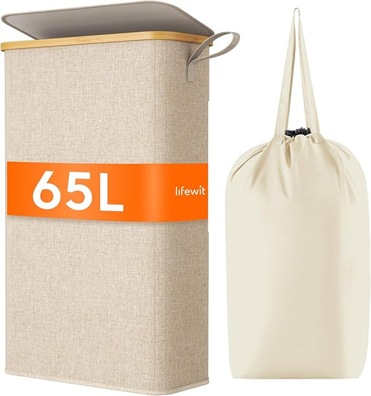 Lifewit 65L Slim Laundry Hamper with Lid, Narrow Laundry Basket with Removable Bag & Bamboo Handles, Fodable Thin Dirty Clothes Hamper for Laundry Collapsible Bin for Bathroom Bedroom Dorm, Beige-NeatNest