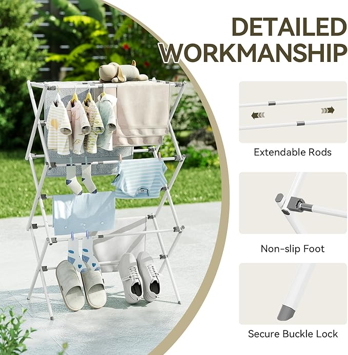 APEXCHASER Clothes Drying Rack, Foldable & Extendable Laundry Rack with Adjustable Size (14.57in-35.43inW), Space-Saving, Rust-Resistant Frame & Floor Protection for Indoor/Outdoor Use, White